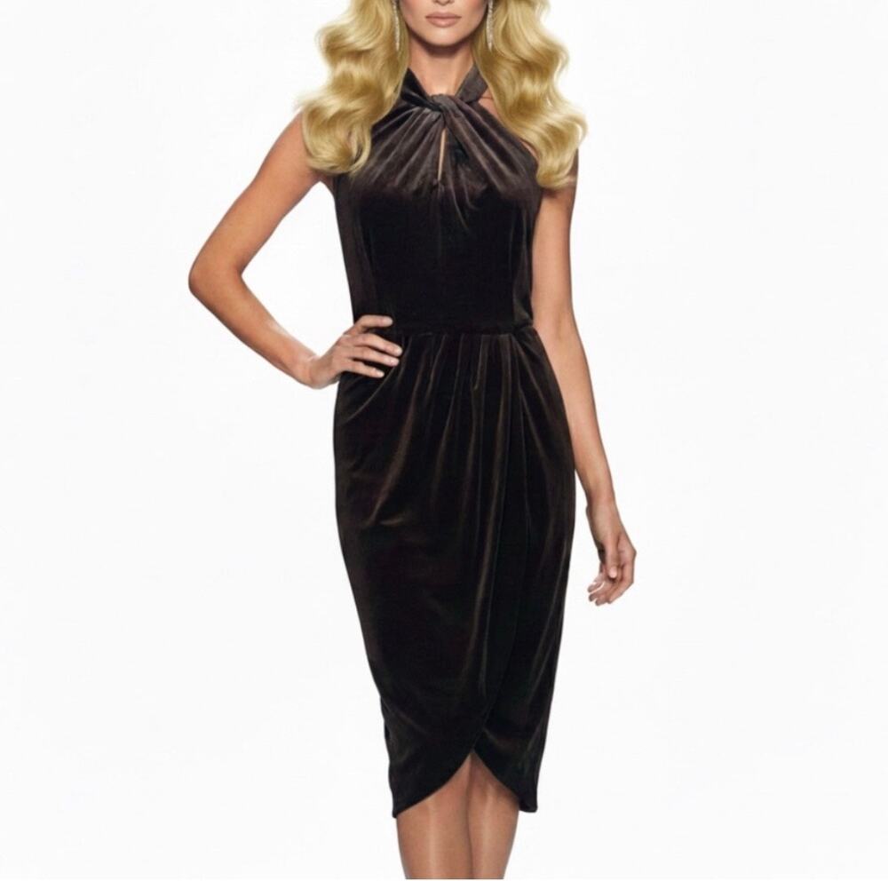 Maia Black Brown Velvet Halter Twist Neck High Low Midi Dress Size 16